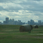 Alberta farm scene and downtown Calgary in distance